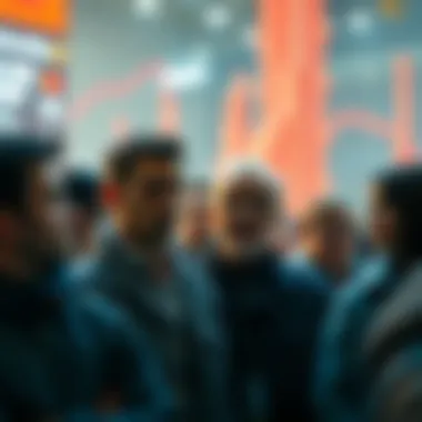 A group of people discussing their reactions to a sudden 70% drop in cryptocurrency prices, with expressions of concern and contemplation.