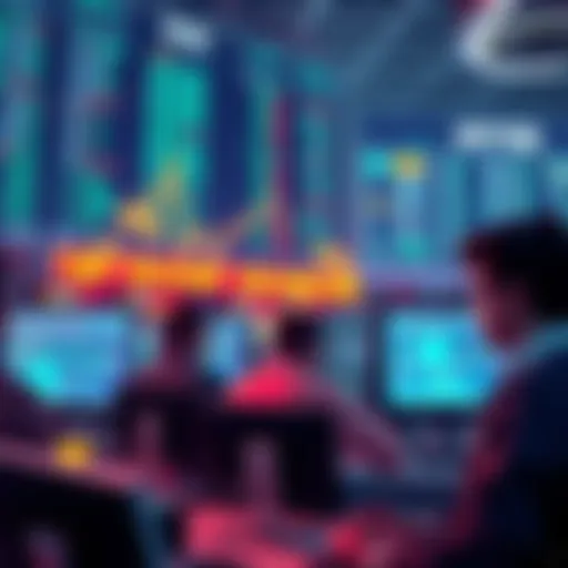 A graph showing a downward trend in cryptocurrency trading volumes, with traders looking concerned at their screens.