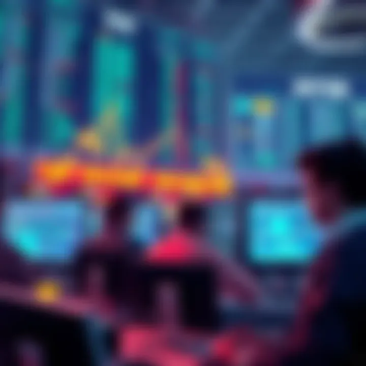 A graph showing a downward trend in cryptocurrency trading volumes, with traders looking concerned at their screens.