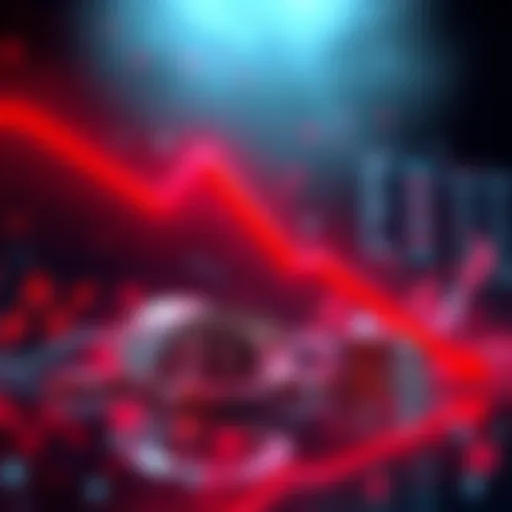 Crypto Market Downturn Graph showing sharp decline in cryptocurrency prices with red arrows indicating a drop.