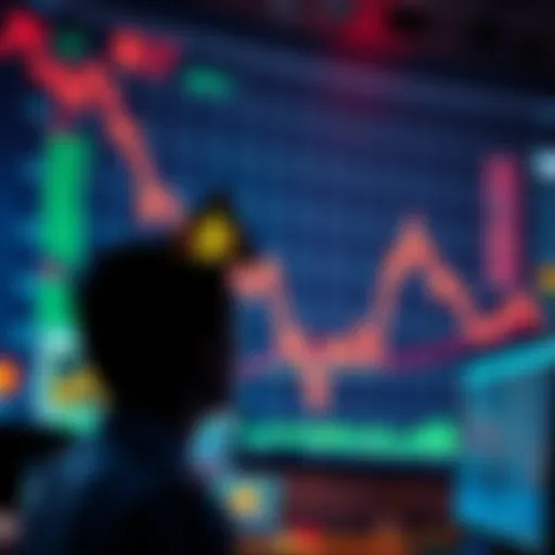 A graph showing a significant decline in cryptocurrency values, with worried traders looking at their screens, considering their options to buy or sell.