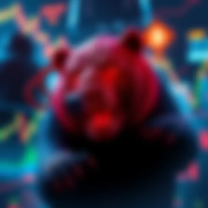 A digital representation of fear in the crypto market with bearish symbols and charts showing volatility.