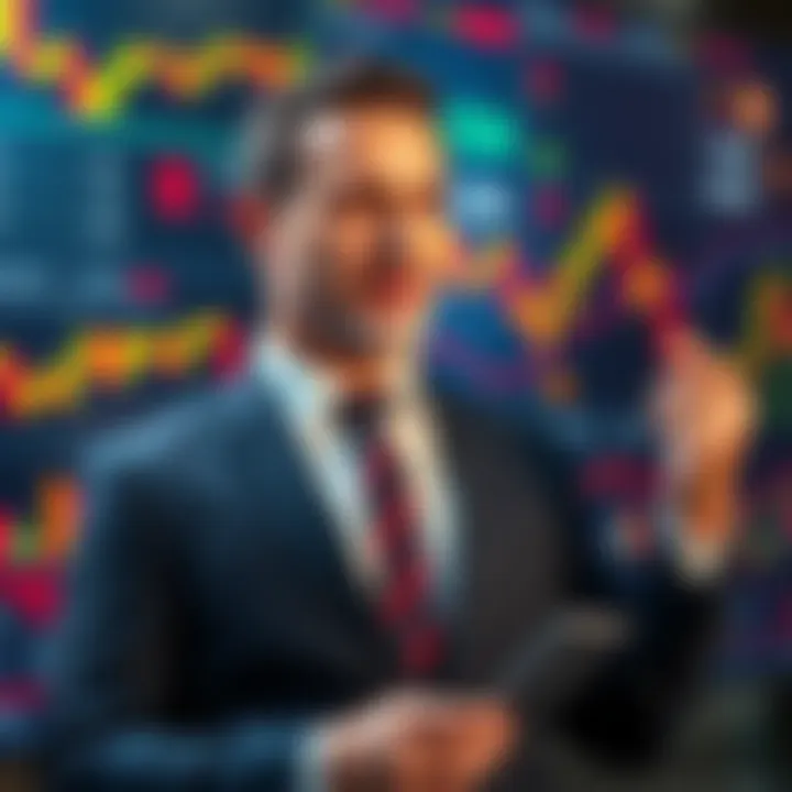 A confident man in a suit explaining cryptocurrency trends in front of a digital display of market graphs and charts