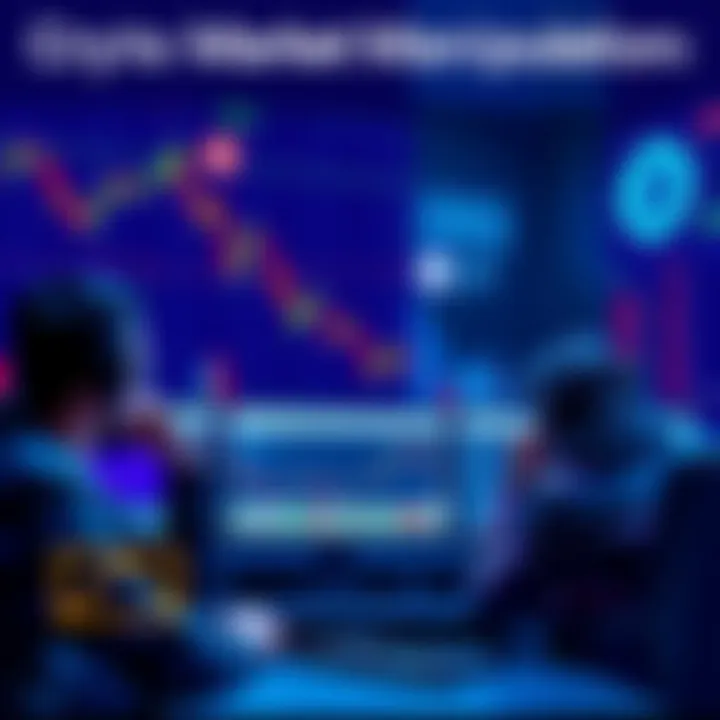 Crypto Market Manipulation A visual representation of hedge funds impacting the crypto market, showing charts with falling prices and worried investors looking at screens.