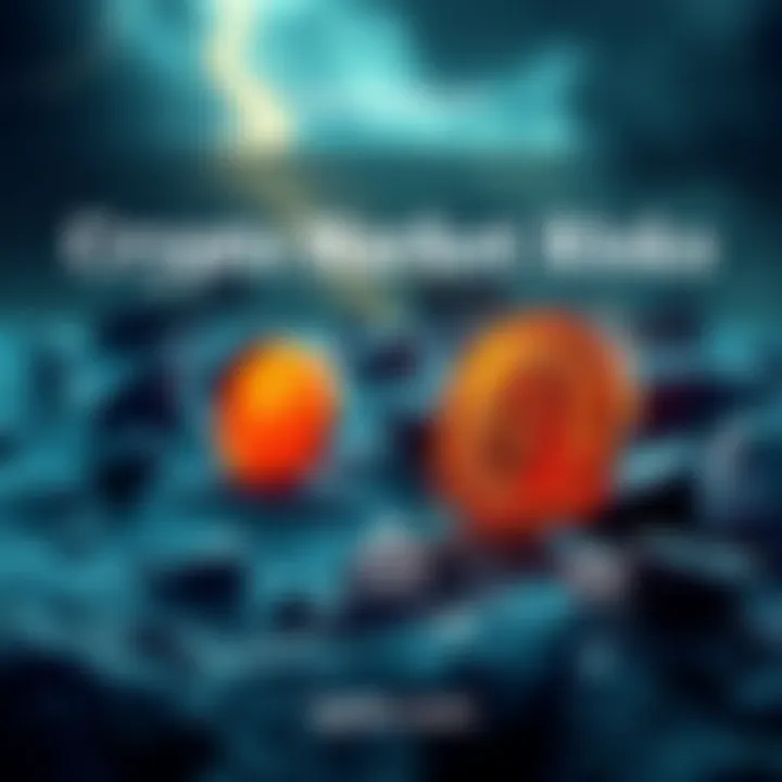 A stormy scene depicting major risks in cryptocurrency, with symbols of Bitcoin and stablecoins facing challenges.