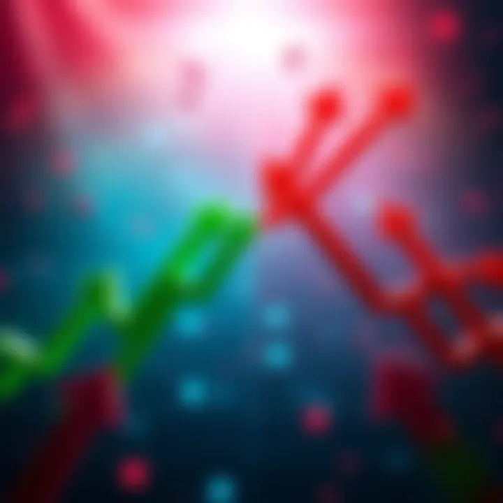 A split image showing a bullish trend with green arrows on one side and a bearish trend with red arrows on the other, symbolizing fluctuating emotions in the crypto market.