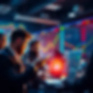 A group of people analyzing crypto charts and discussing investment strategies in a lively setting.