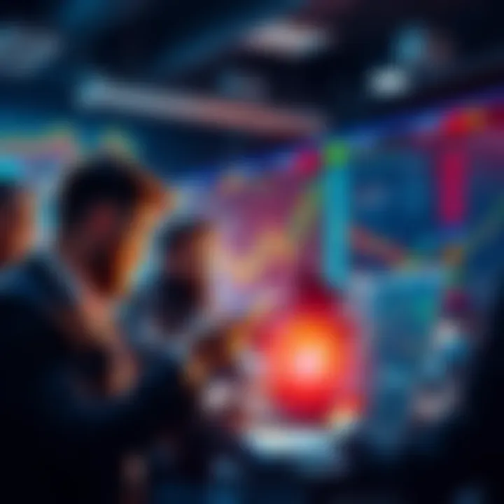 A group of people analyzing crypto charts and discussing investment strategies in a lively setting.