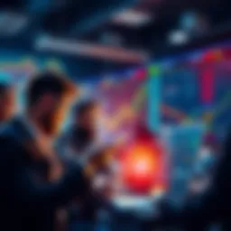 Crypto Market Strategy Discussion A group of people analyzing crypto charts and discussing investment strategies in a lively setting.
