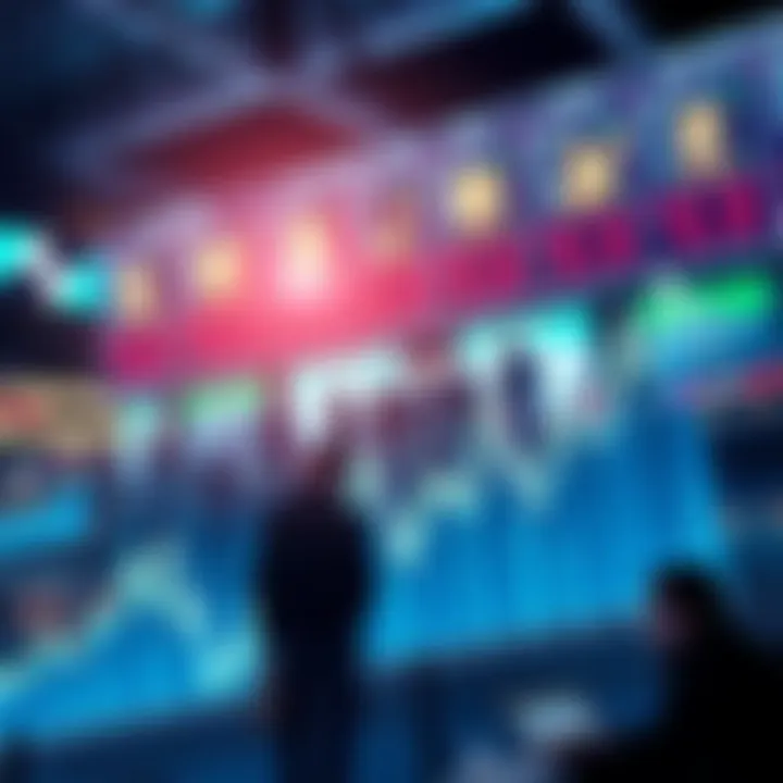 Crypto Market Surge A graph showing a rising trend in cryptocurrency values with people trading actively in the background.