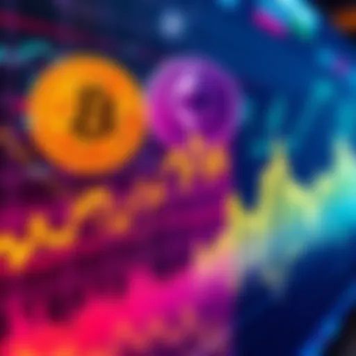 A graph showing fluctuations in cryptocurrency prices with images of Bitcoin and Ethereum in the background.