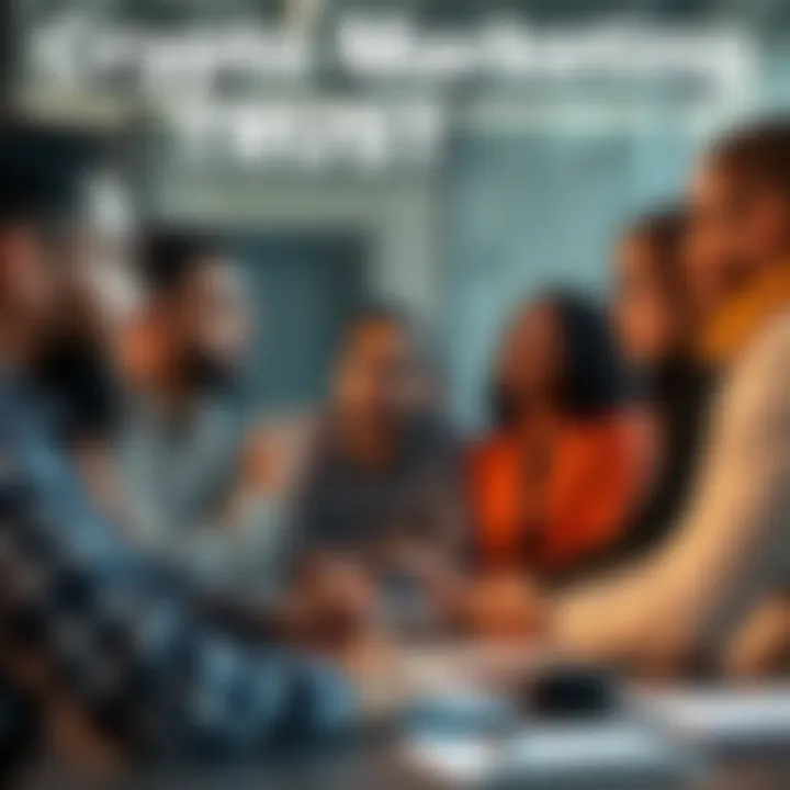 Crypto Marketing Trust A group of diverse people discussing crypto projects, focusing on trust and credibility in a modern office setting.