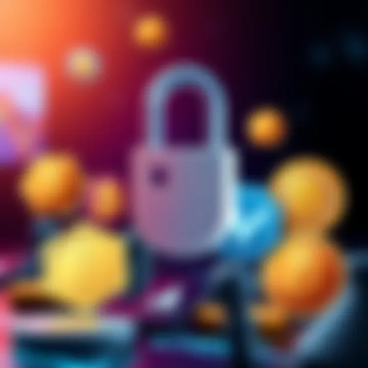 A digital illustration showing various cryptocurrency logos with a lock symbol, representing privacy in transactions without KYC verification.