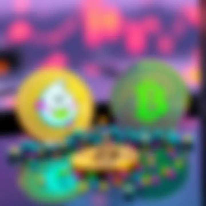 A visual comparison showing a meme coin and a utility coin, with the meme coin characterized by fun graphics and vibrant colors, while the utility coin is represented by a sleek, modern design, highlighting the contrast between hype and real functionality.