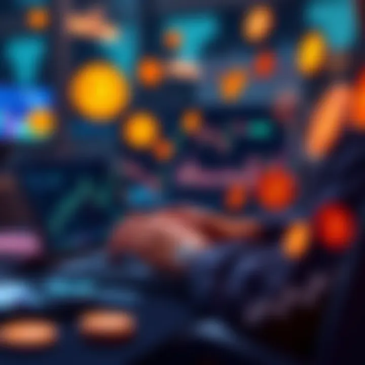 Crypto Memecoin Selection A person analyzing charts and memecoins on a laptop, with symbols of different memecoins around them.