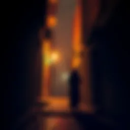 A dark alley in the UAE where a couple was reportedly kidnapped, with shadows and figures suggesting a criminal act