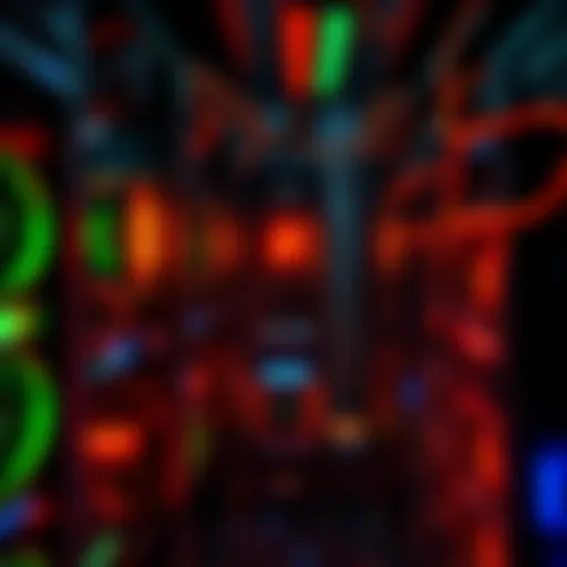 Cryptocurrency mining setup A collection of mining rigs with computer hardware, glowing lights, and cooling fans working together