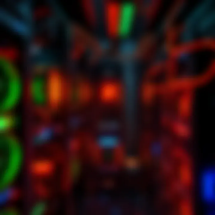 Cryptocurrency mining setup A collection of mining rigs with computer hardware, glowing lights, and cooling fans working together