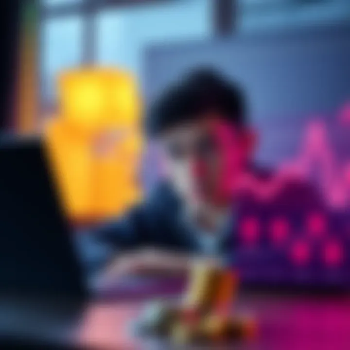 A person looking worried while checking a cryptocurrency chart on a laptop, surrounded by digital financial symbols such as coins and downward arrows.