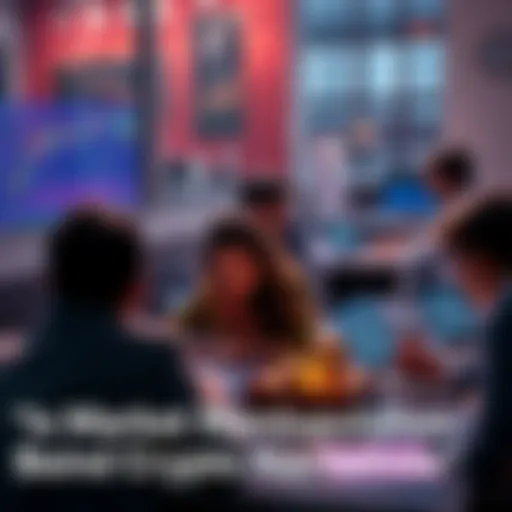 Crypto Narratives and Influencers A group of people discussing cryptocurrency trends and market manipulation at a table with laptops and charts showing rising coins.