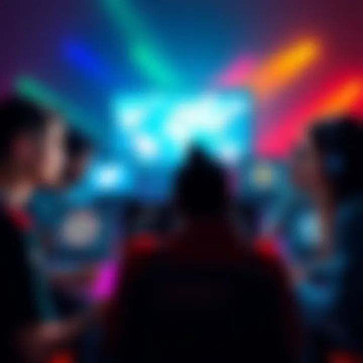 A group of crypto enthusiasts discussing various social media platforms for crypto networking, featuring laptops and smartphones with crypto graphics on screens.
