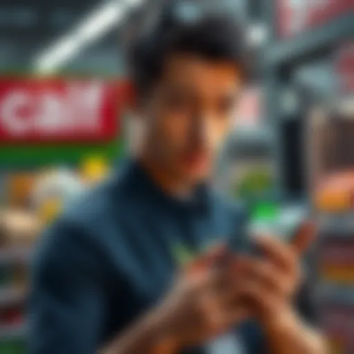 A concerned Woolworths employee looking at a phone with a crypto offer on the screen