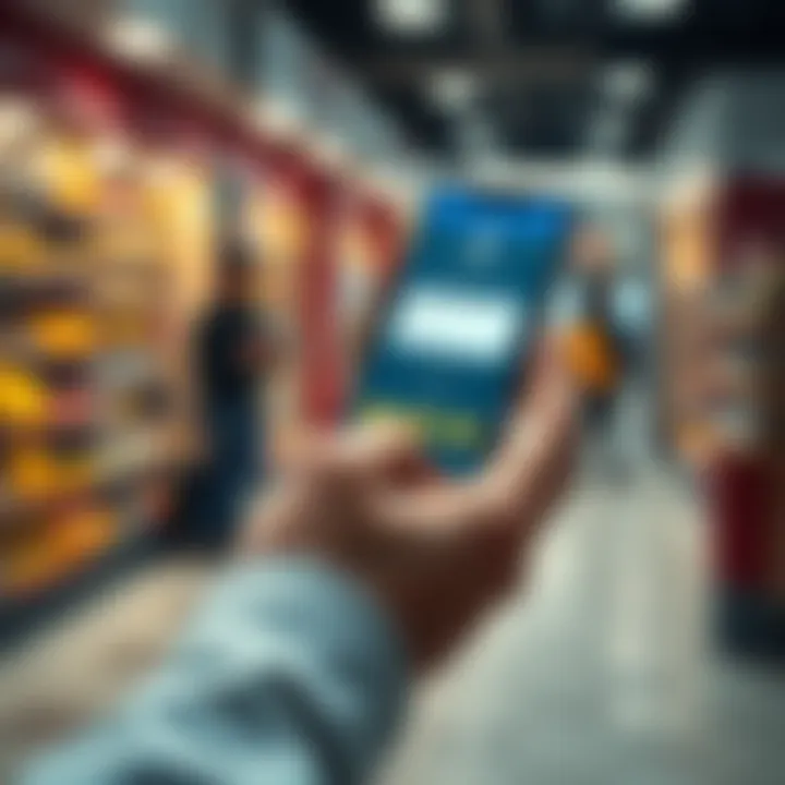 A person making a purchase using a cryptocurrency payment app like BitPay or Coinbase Commerce on their smartphone, with a store in the background