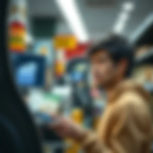A person looking frustrated while trying to use cryptocurrency at a store checkout, with a digital wallet graphic on screen.