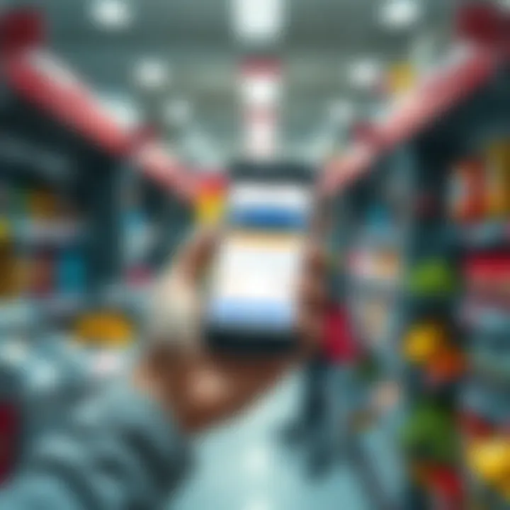Crypto Payment Rewards and Spending A person holding a smartphone displaying a crypto wallet while shopping in a store, surrounded by various products.