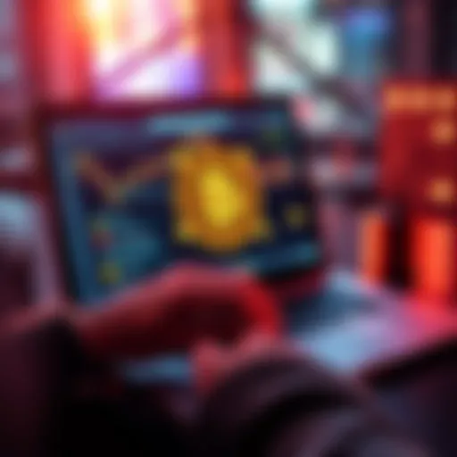 A person setting up a crypto payment system on their laptop, with digital currency icons displayed on the screen.