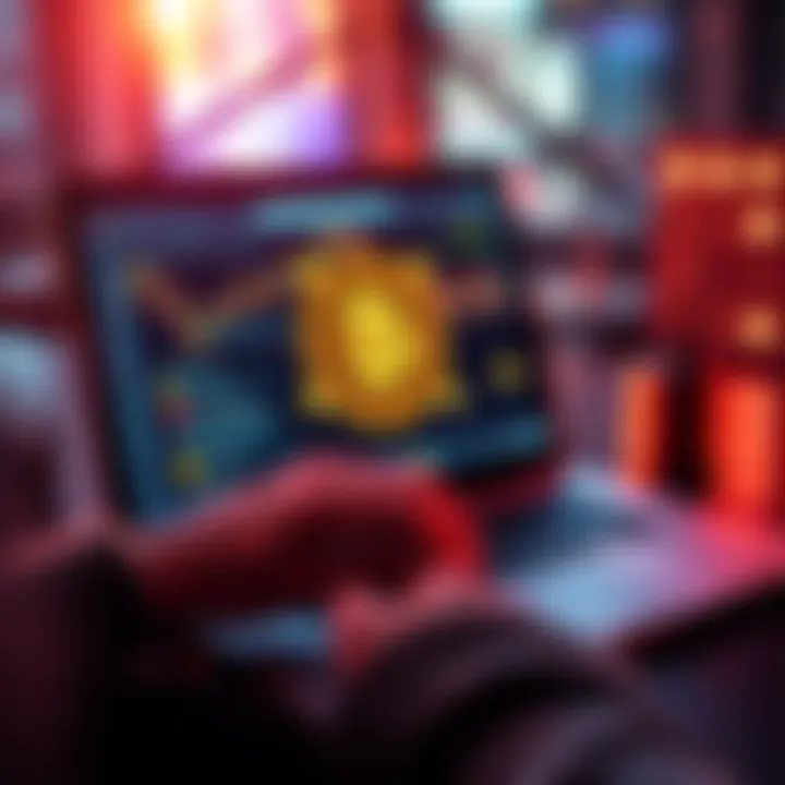 A person setting up a crypto payment system on their laptop, with digital currency icons displayed on the screen.