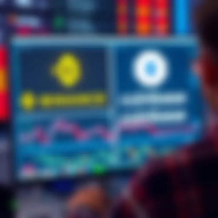 A person looking at a computer screen displaying Binance and Coinbase logos, weighing their options for cryptocurrency trading.