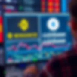 Crypto Platforms Comparison A person looking at a computer screen displaying Binance and Coinbase logos, weighing their options for cryptocurrency trading.