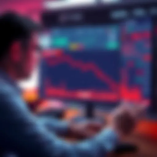 An investor looks at a computer screen showing a steep decline in crypto prices, feeling distressed.