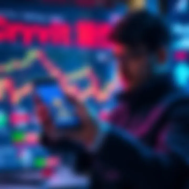 A person analyzing cryptocurrency charts and holding a smartphone showing digital coins