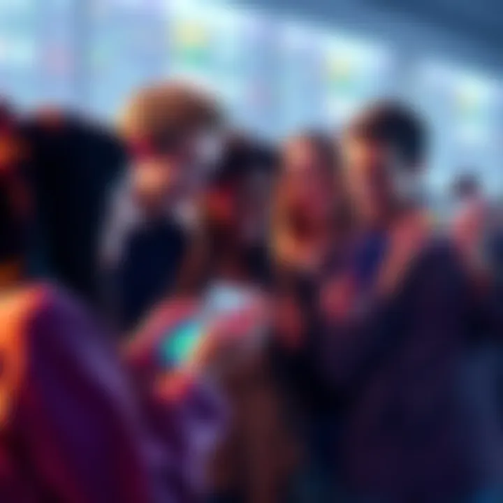 People engaging with a crypto prediction market app A group of individuals excitedly discussing and interacting with a mobile app for prediction markets, showcasing different market options on their screens