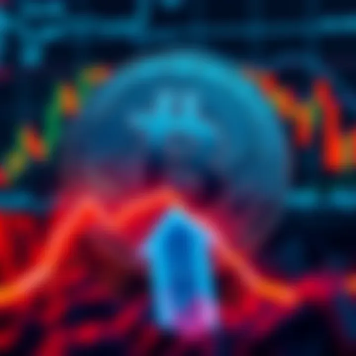 A digital representation of a crypto coin with a downward arrow, indicating a price decline, against a background of financial charts.