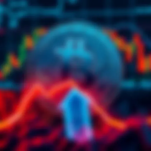 Crypto Price Drop A digital representation of a crypto coin with a downward arrow, indicating a price decline, against a background of financial charts.