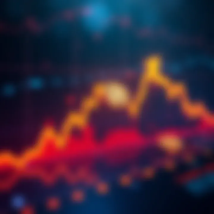 A graph showing fluctuating cryptocurrency prices with upward and downward arrows to represent volatility.