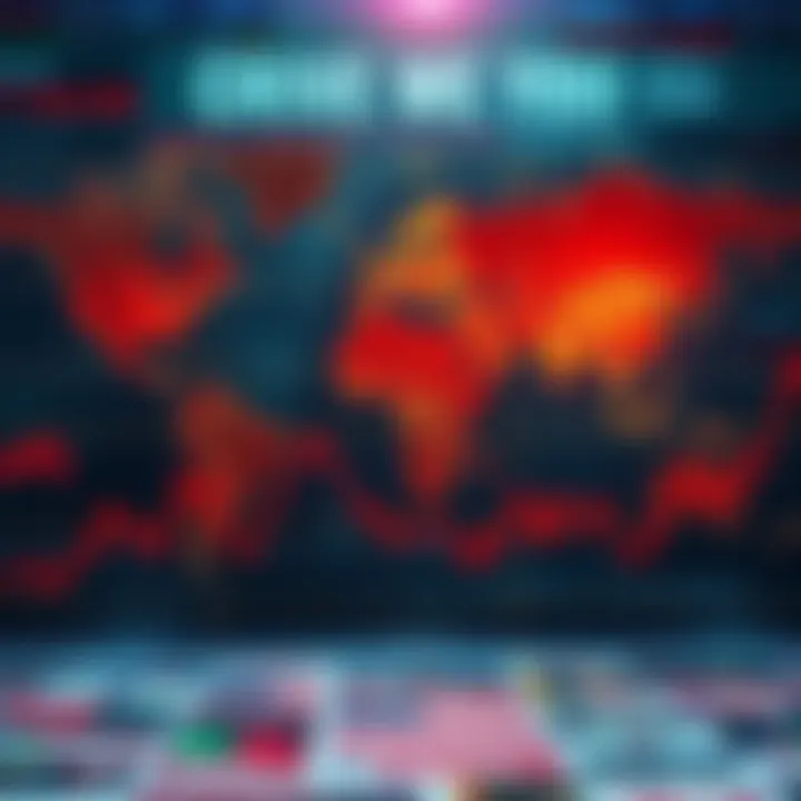 A graph showing rising cryptocurrency prices against a backdrop of global maps and news headlines about conflicts.