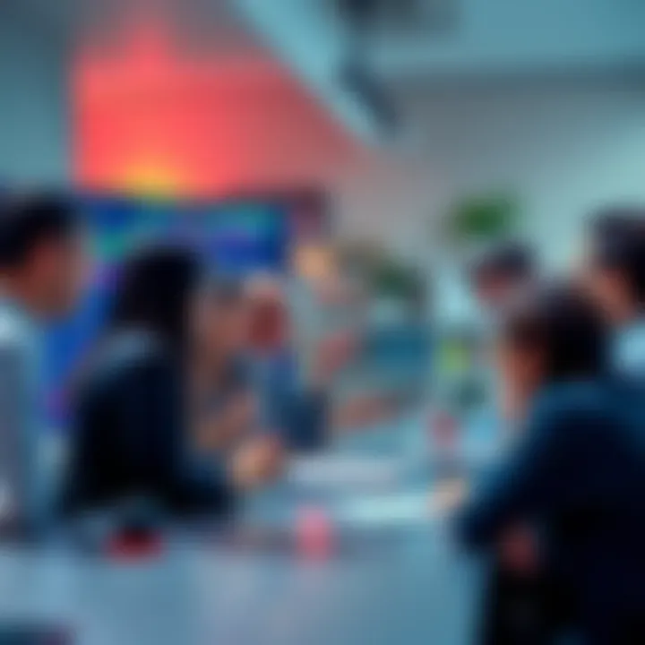 A diverse group of people discussing strategies for a new crypto coin, with charts and graphs on a screen showing market trends, symbolizing utility and community engagement.