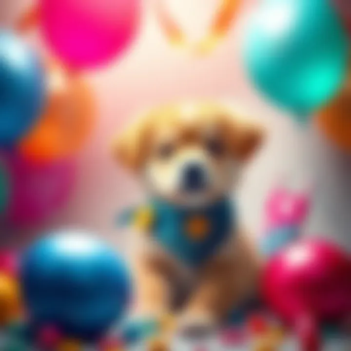 A cute puppy wearing a cryptocurrency-themed bandana, surrounded by colorful balloons and treats, symbolizing Puppy Day.