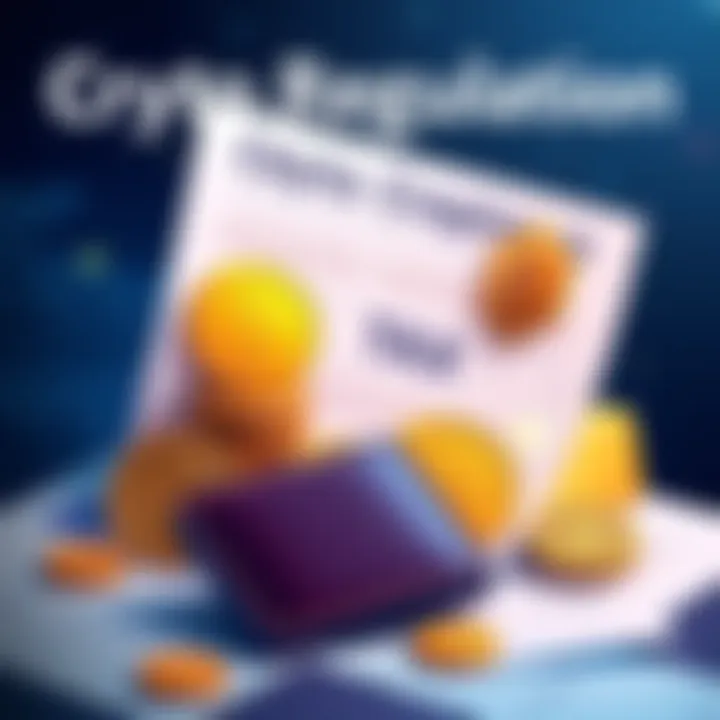 Illustration showing symbols of cryptocurrency coins alongside tax documents and a wallet, highlighting regulation themes.
