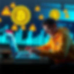 A person reviewing safety tips for cryptocurrency on a laptop, with warning symbols and coins in the background.