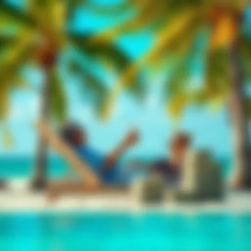 A woman relaxing on a beach chair under palm trees, looking at her phone with stacks of cash beside her, hinting at a luxurious lifestyle