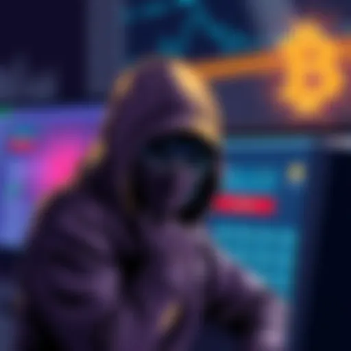 Illustration of a thief in front of a computer screen showing a cryptocurrency wallet being hacked