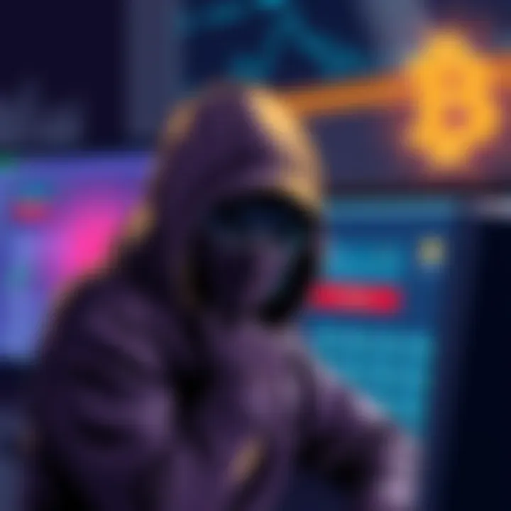 Illustration of a thief in front of a computer screen showing a cryptocurrency wallet being hacked