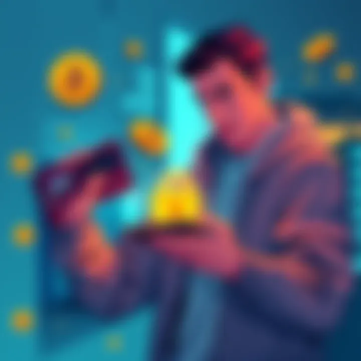 Illustration of a person securing cryptocurrency with hot and cold wallets and avoiding phishing attempts.