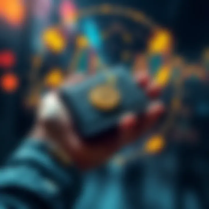 A person holding a hardware wallet with cryptocurrency symbols around them, indicating self-custody