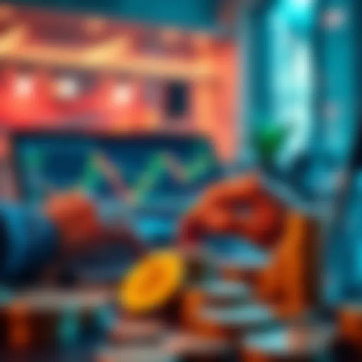 A person analyzing cryptocurrency charts on a laptop, with coins in the foreground